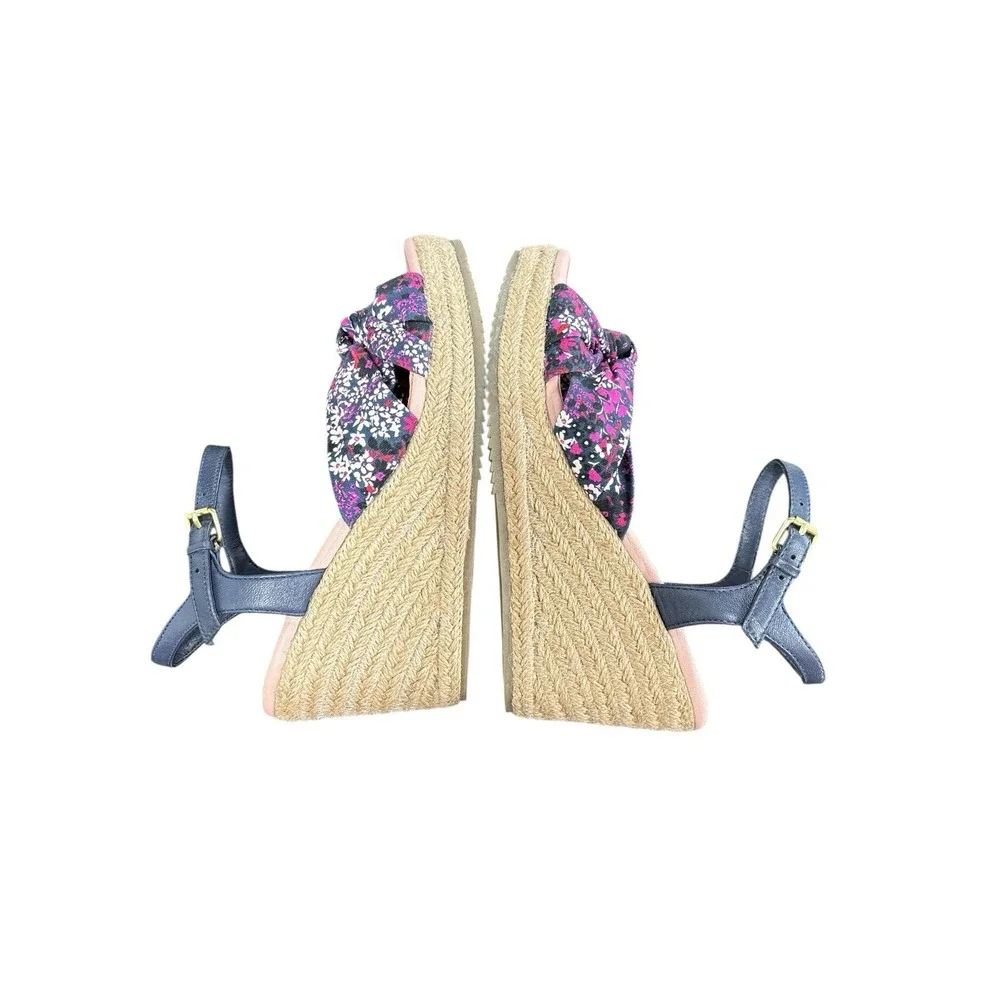 Ted Baker London Taylina Floral Espadrille Wedge‎ Sandal Navy Blue Size 7.5 / 38